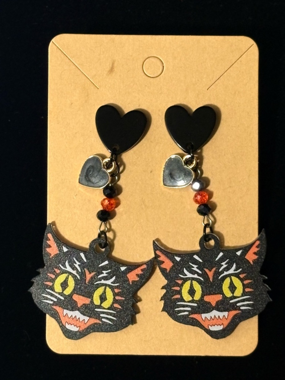 Black Cat Heart Dangle Earrings - Halloween Spooky Cat Jewelry